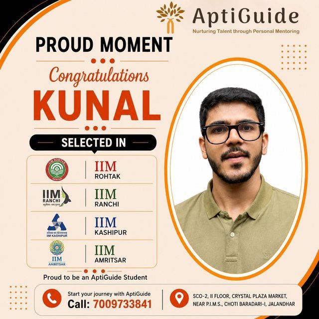 Kunal Khanna — 98.01 %ile in CAT; interview calls from IIM Kozhikode, Ranchi, Raipur, Trichy, Kashipur, Amritsar, Jammu, Sirmaur, Bodh Gaya, Nagpur, Rohtak, Vishakhapatnam, Udaipur, Sambalpur