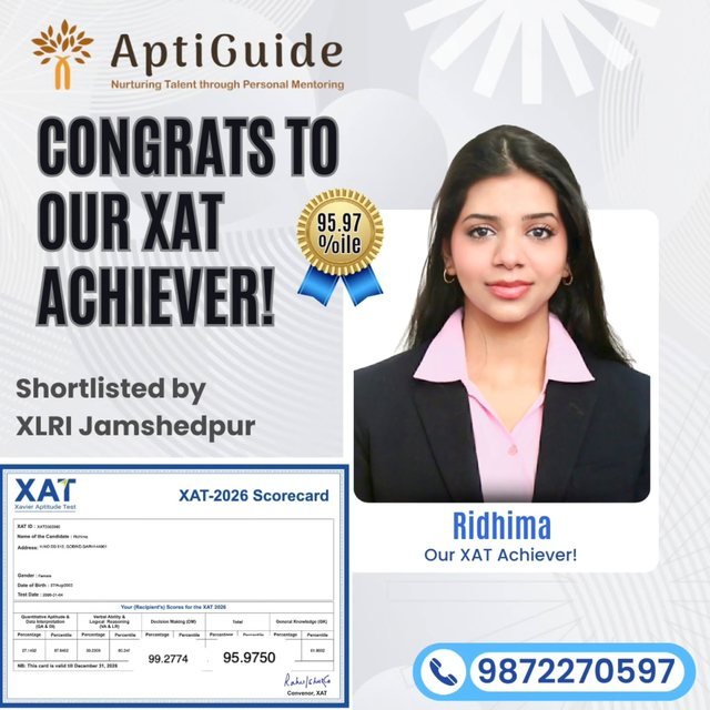Riddhima — Secured a strong XAT score, shortlisted by XLRI Jamshedpur