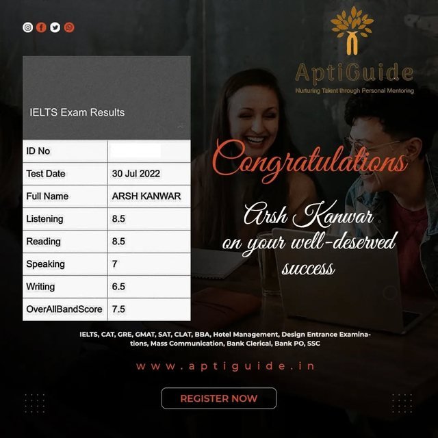 Arsh Kanwar — Overall band 7.5 in IELTS