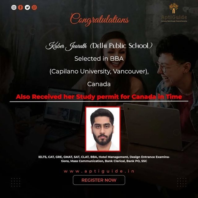 Kuber Jearath — Selected in BBA at Capilano University, Vancouver, Canada; received Canada study permit