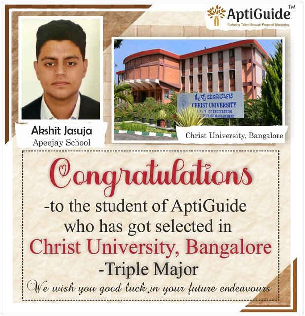 Akshit Jasuja — Selected at Christ University, Bangalore