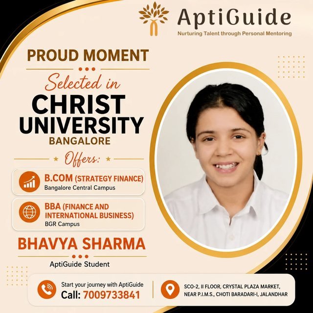 Bhavya Sharma — Selected at Christ University Bangalore for B.Com (Strategy Finance) and BBA (Finance and International Business)
