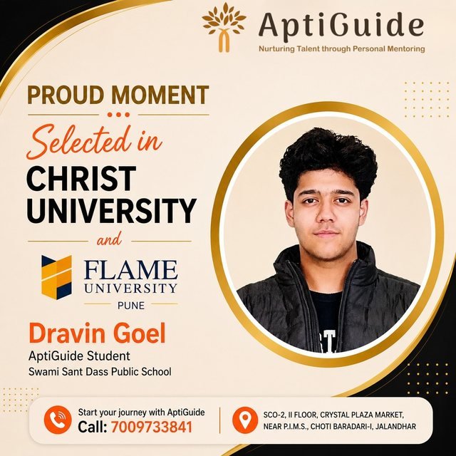 Dravin Goel — Selected at Christ University, FLAME University Pune, and Symbiosis International Pune (as 'Dravin')