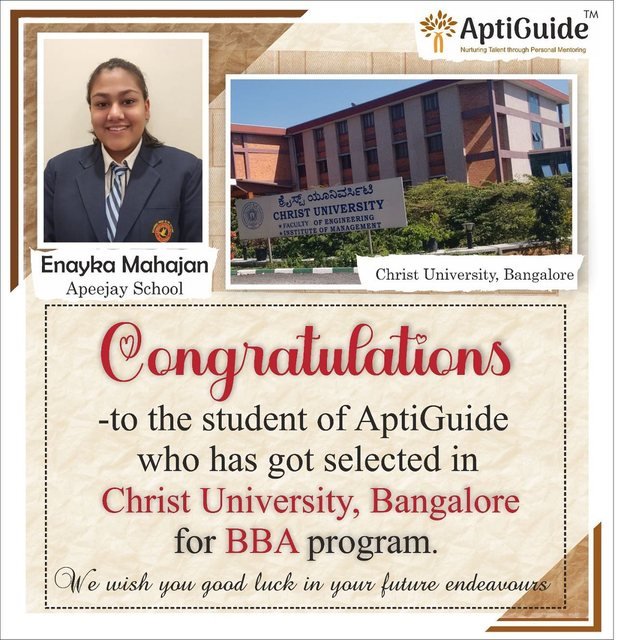 Enayka Mahajan — Selected at Christ University, Bangalore