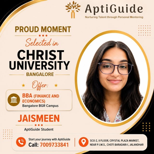 Jaismeen — Selected at Christ University Bangalore BGR Campus for BBA (Finance and Economics)