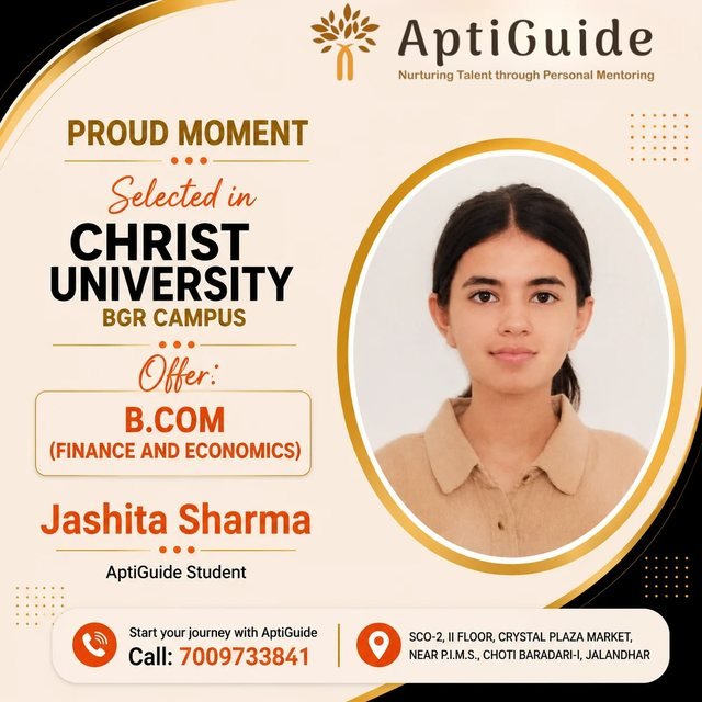 Jashita Sharma — Selected at Christ University BGR Campus for B.Com (Finance and Economics)