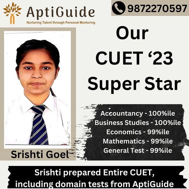 Srishti Goel — 100 percentile in CUET Accounts and Business Studies, 99 percentile in Economics, Mathematics and General Test; joined Hansraj College, Delhi University